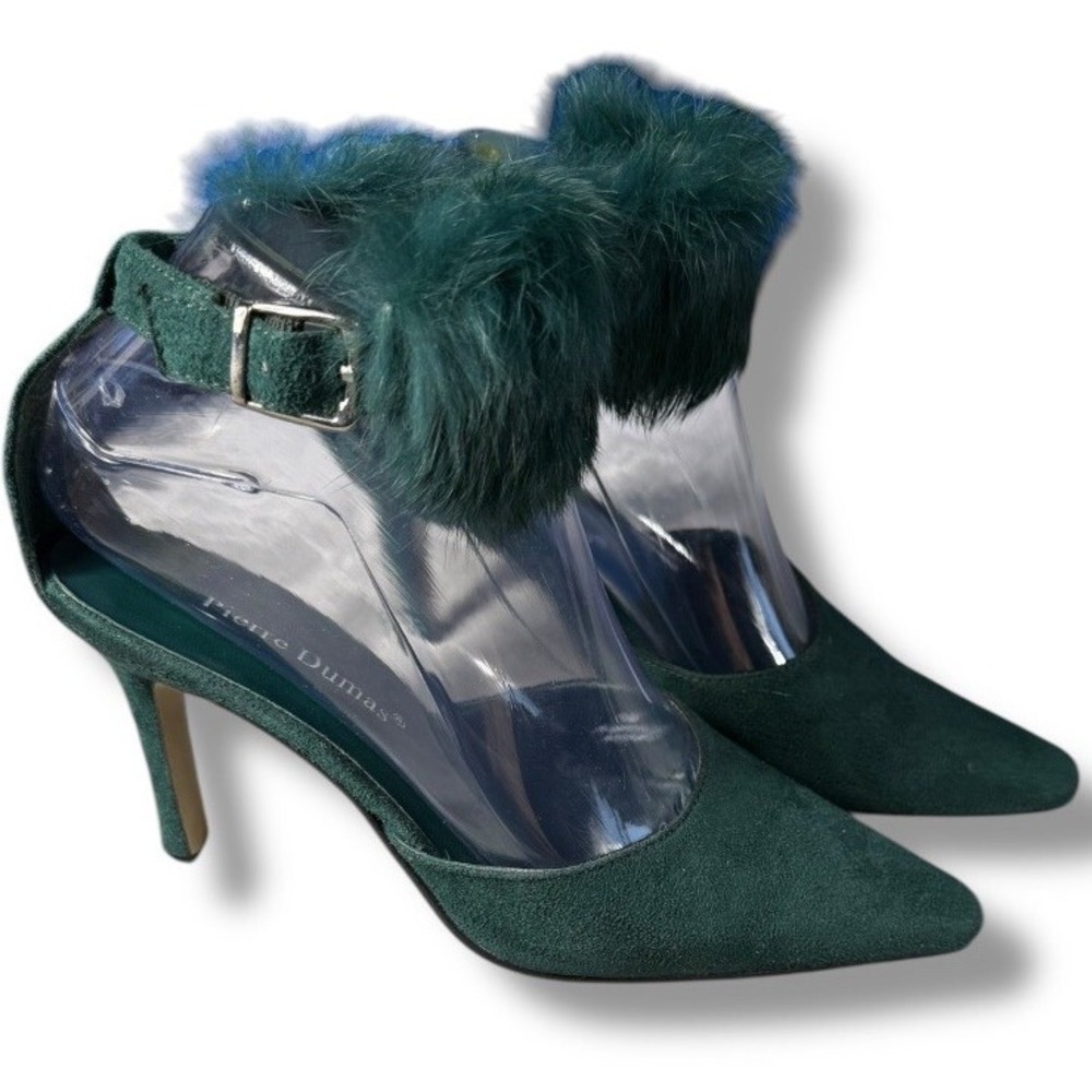 Pierre Dumas Heels Pumps Furry Ankle Strap Pointed Toe Green Size 6M